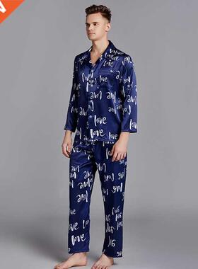 New Men Silk Satin Pajama Sets Long Sleeve Sleepwear Set Two