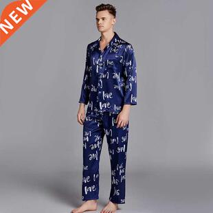 New Men Silk Satin Pajama Sets Long Sleeve Sleepwear Set Two