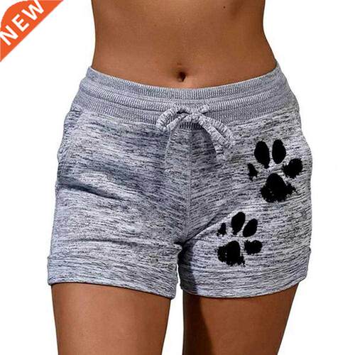 Casual Shorts Women High Waist Cats Claw Print Drawstring Qu