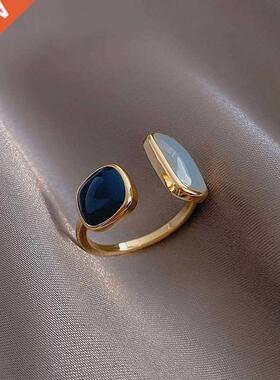 2022 French New Retro Squre Blue Oil Dripping Ring Fshion