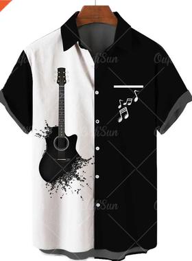 Hawaiian Men's Shirt 3D Guitar Harajuku ops V-Neck Beach Cas