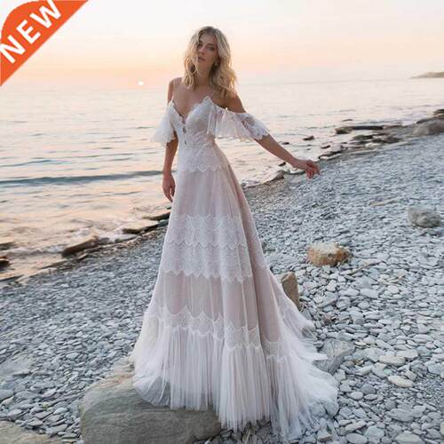 Spaghetti Straps Bohemian Boho Beach Wedding Dresses Nude Ch