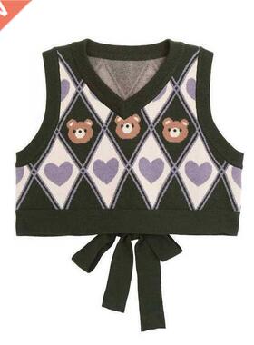 Deeptown Vintage Argyle Sweater Vests Preppy Y2k Cropped Tan