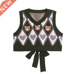 Deeptown Vintage Argyle Sweater Vests Preppy Y2k Cropped Tan