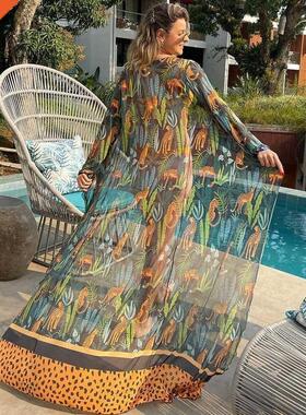 Leaves Print Bikini Beach Cover up Tunics for Beach Long Kaf