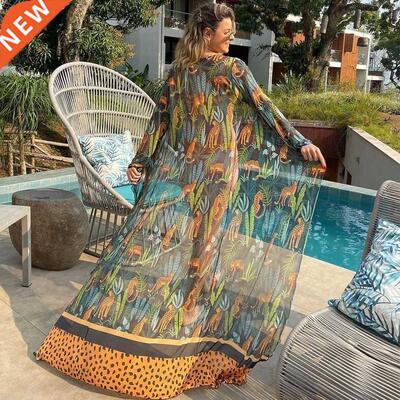 Leaves Print Bikini Beach Cover up Tunics for Beach Long Kaf