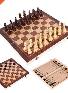 3 in 1 Chess Set Wooden Chess Backgammon Checkers Indoor Tr
