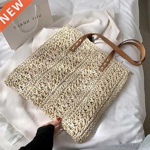 Squre Hollow Strw Bech Bg Hnde Woven Shoulder Bg R