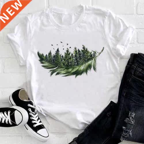 Women 2021 Feather Bird Short Sleeve Printing Spring Fashion