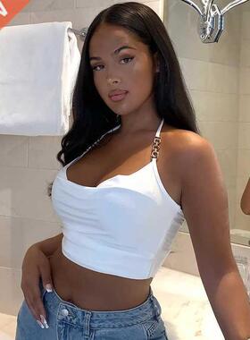 White Crop Top Womens Chain Stitching Halter Top Sleeveless