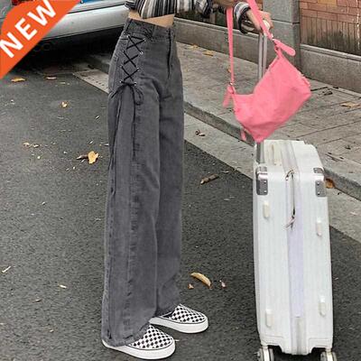 Faion Gothic High Waist Jeans Women Chic Side Lace Up Wide