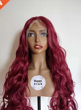 Glueless 26 inch Long Body Wave Burgundy 180 Density Synthet