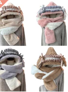 E8FA -in-1 Cute Thicken Lolita Hat Rabbit Ear Hat Scarf Glo