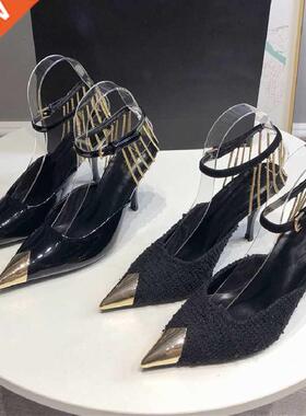 Heels 2021 New Black High Heels Metal Chain Stiletto Toe Box