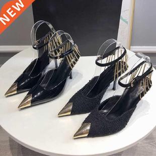 Heels 2021 New Black High Heels Metal Chain Stiletto Toe Box