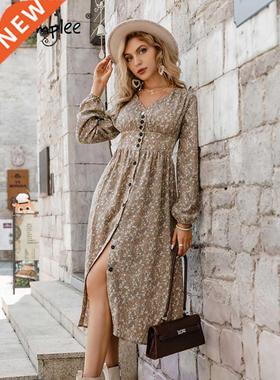 Simplee Retro pleated v-neck buttons A-line floral dress wom