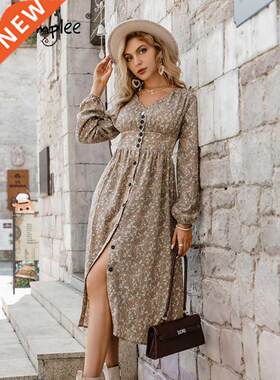 Simplee Retro pleated v-neck buttons A-line floral dress wom