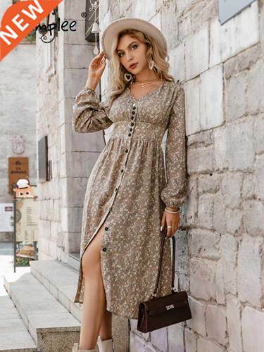 Simplee Retro pleated v-neck buttons A-line floral dress wom