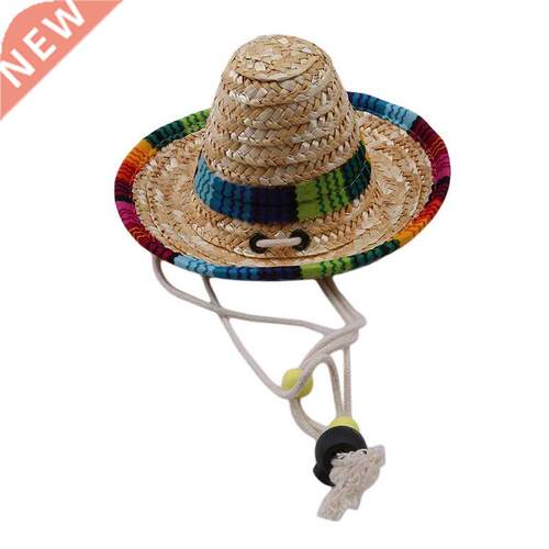 Straw Sombrero Mexican Hat Pet Adjustable Buckle Multicolor