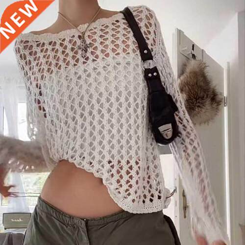 Women Knit Shirts See-though Hollow Out Sweaters Y2K Clothes