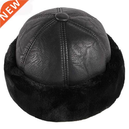 hat Thick Warm Winter Hat Men Black Fur Leather Russian Bomb