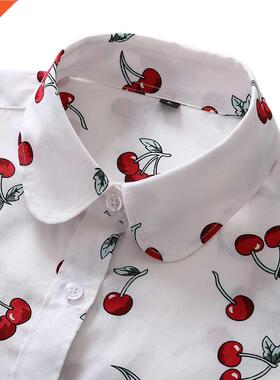 Women irts Long Sleeve Cotton Blouse Faion Print Cherry