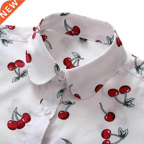 Women irts Long Sleeve Cotton Blouse Faion Print Cherry