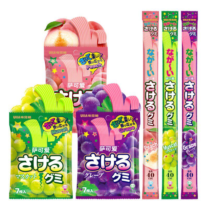 日本进口零食UHA悠哈味觉糖萨可爱超长条手撕糖水果桃子葡萄软糖