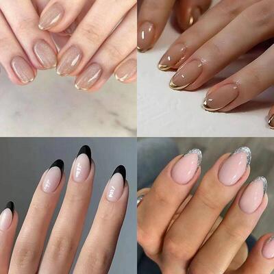 24Pcs French False Nails Almond Fake Nails with Glue Press o