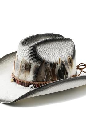 Pheasant Feather Western Cowboy Hat 男女硬挺大檐防晒牧马帽