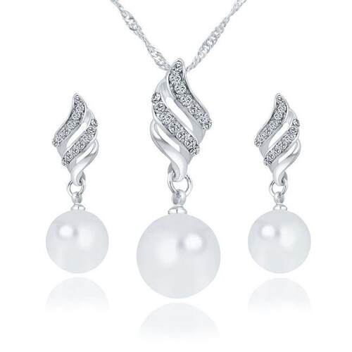 women necklace set earrings pearl jewelry 珍珠镶钻女项炼