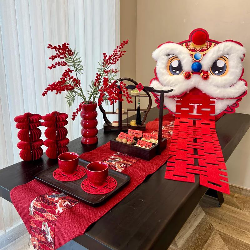 婚房布置结婚茶几套装客厅舞狮摆件装饰敬茶桌男方女方订婚宴全套