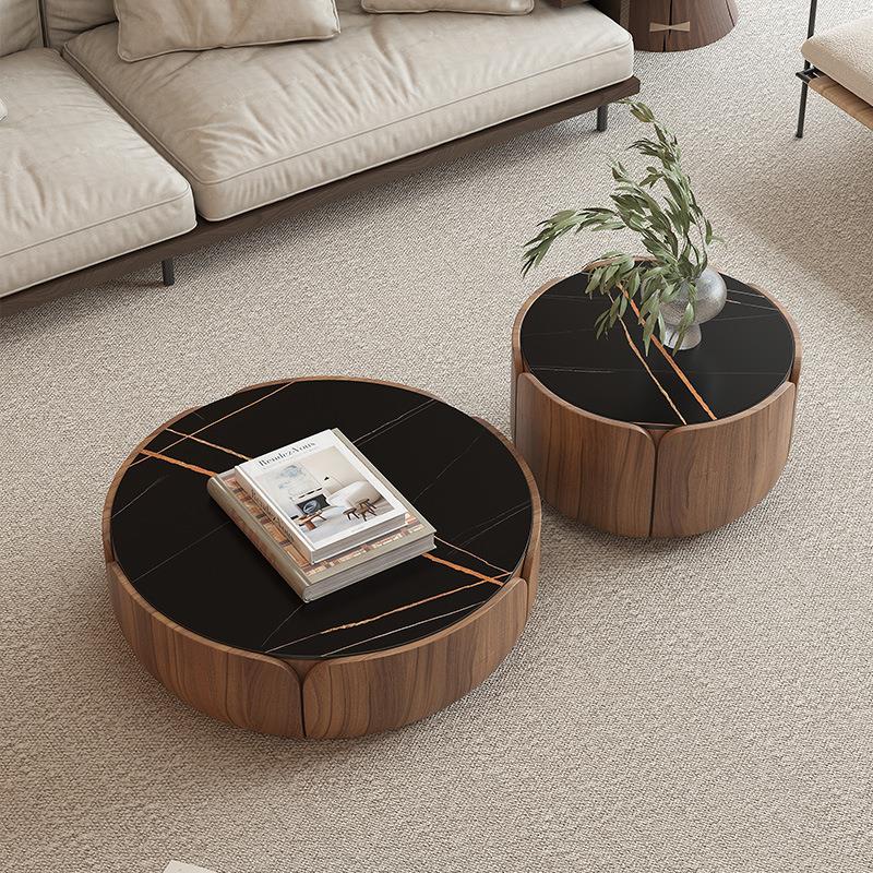 意式圆形实木茶几组合家用客厅小户型轻奢岩板圆茶几简约现代