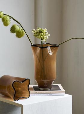 中古风黑边创意褶皱手工大口咖色瓷粉琉璃花瓶玄关居家台面样板房