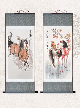 马上封侯图猴子骏马风水画丝绸挂画中式玄关卷轴画书房客厅装饰画