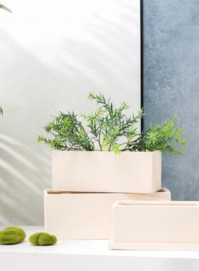 素烧白陶土长方形花盆带托盘 透气吸水可DIY手绘瓷器多肉组合绿植