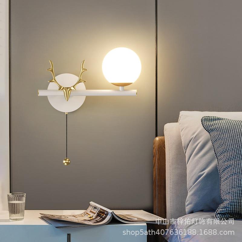 跨境新款玄关过道走廊拉线开关壁灯背景墙灯卧室床头创意鹿角壁灯