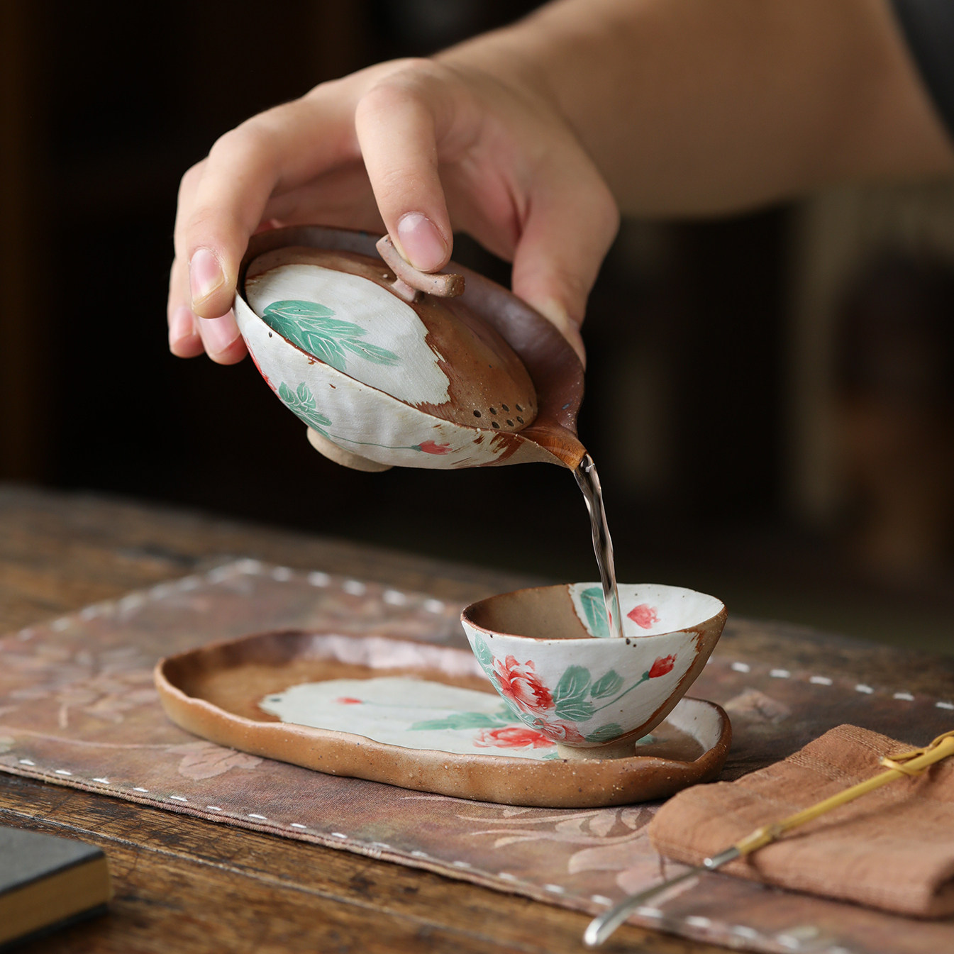 觅己手绘牡丹老岩泥盖碗女一人泡茶套装粗陶手抓茶壶柴烧功夫茶具