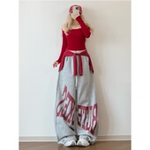 XXBUNI灰拼红字母印花休闲跳舞裤 子女＋显白露肩镂空红色jazz上衣