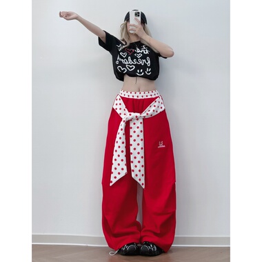 XXBUNI美式复古爵士舞服装女红色波点松紧腰工装裤女hiphop运动裤