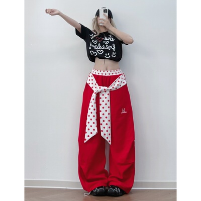 XXBUNI美式复古爵士舞服装女红色波点松紧腰工装裤女hiphop运动裤