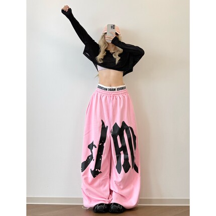XXBUNI跳舞穿搭女黑色罩衫宽松爵士舞上衣女＋粉色双腰字母运动裤