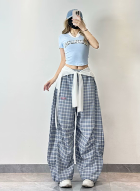 XXBUNI女团跳舞蓝色格子街舞运动套装hiphop爵士舞垂感宽松裤子女