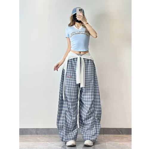 XXBUNI女团跳舞蓝色格子街舞运动套装hiphop爵士舞垂感宽松裤子女