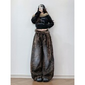 爵士舞裤 XXBUNI秋冬跳舞穿搭女做旧豹纹印花休闲裤 女宽松阔腿裤 子