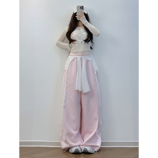 XXBUNI 甜美跳舞套装女杏色网纱短上衣女假两件修身显瘦短长袖T恤