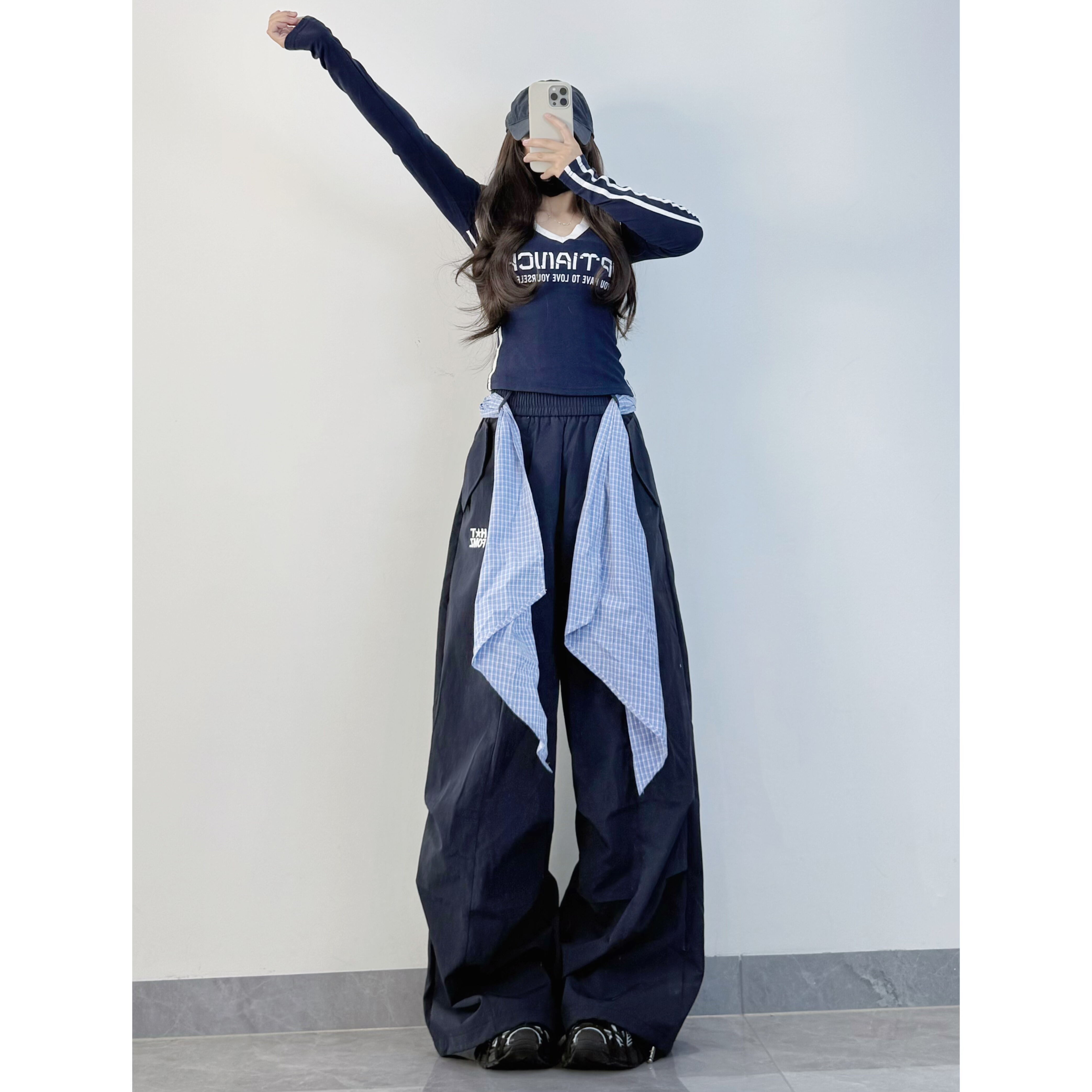 XXBUNI藏青色爵士舞裤子自带屁帘可拆卸休闲裤女松弛感宽松跳舞裤