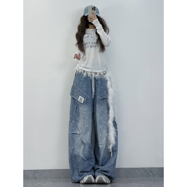 XXBUNI 秋冬辣妹星星牛仔弯刀休闲爵士舞裤女＋白色字母跳舞上衣