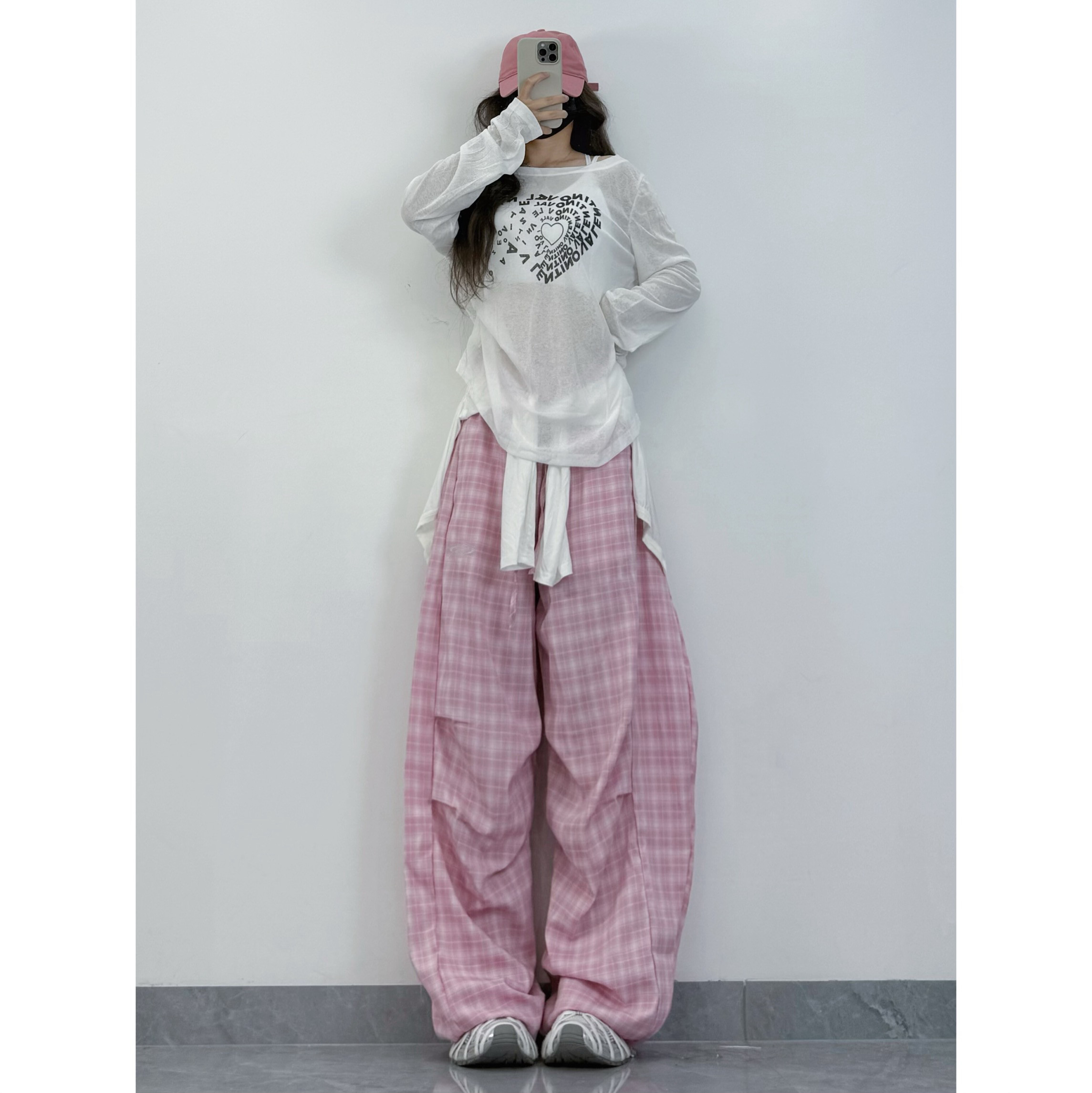 XXBUNI女团Kpop粉色格子垂感好工装裤女＋慵懒风宽松显瘦跳舞罩衫