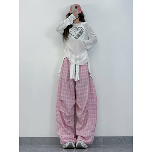 XXBUNI女团Kpop粉色格子垂感好工装裤女＋慵懒风宽松显瘦跳舞罩衫